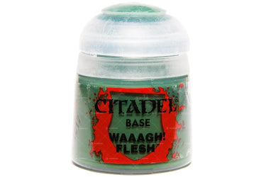 Games Workshop Citadel Base Paint Waaagh! Flesh for tabletop gaming, showing the vibrant flesh tone paint bottle.