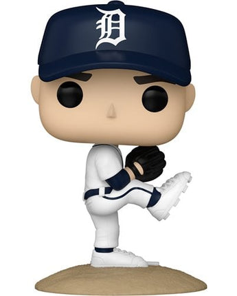 Funko Pop! Vinyl figure of MLB Tigers player Tarik Skubal with detailed team jersey and baseball cap.