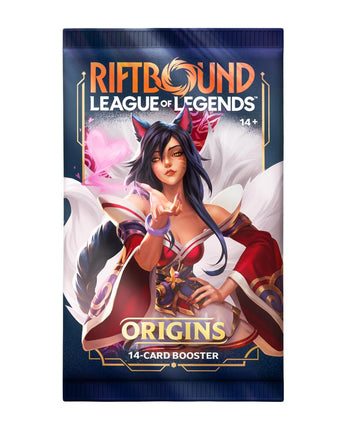 Riftbound TCG League of Legends Set 1 Origins booster pack from UVS Games, featuring colorful game card artwork.