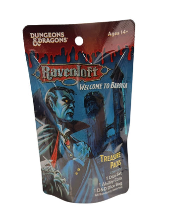 Sirius Dice Dungeons & Dragons Ravenloft Welcome to Baravia treasure pack featuring a set of themed fantasy dice on a TCG-style background.