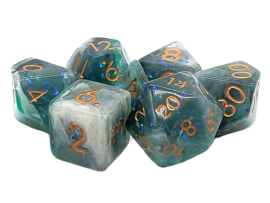 Old School 7 Piece DnD RPG Dice Set Rune Dice Particles Black White & Green Mist