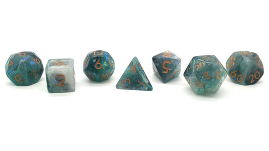 Old School 7 Piece DnD RPG Dice Set Rune Dice Particles Black White & Green Mist