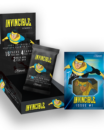 Keepsake Edition Invincible Season 1 trading card booster pack with box and graphic card design.
