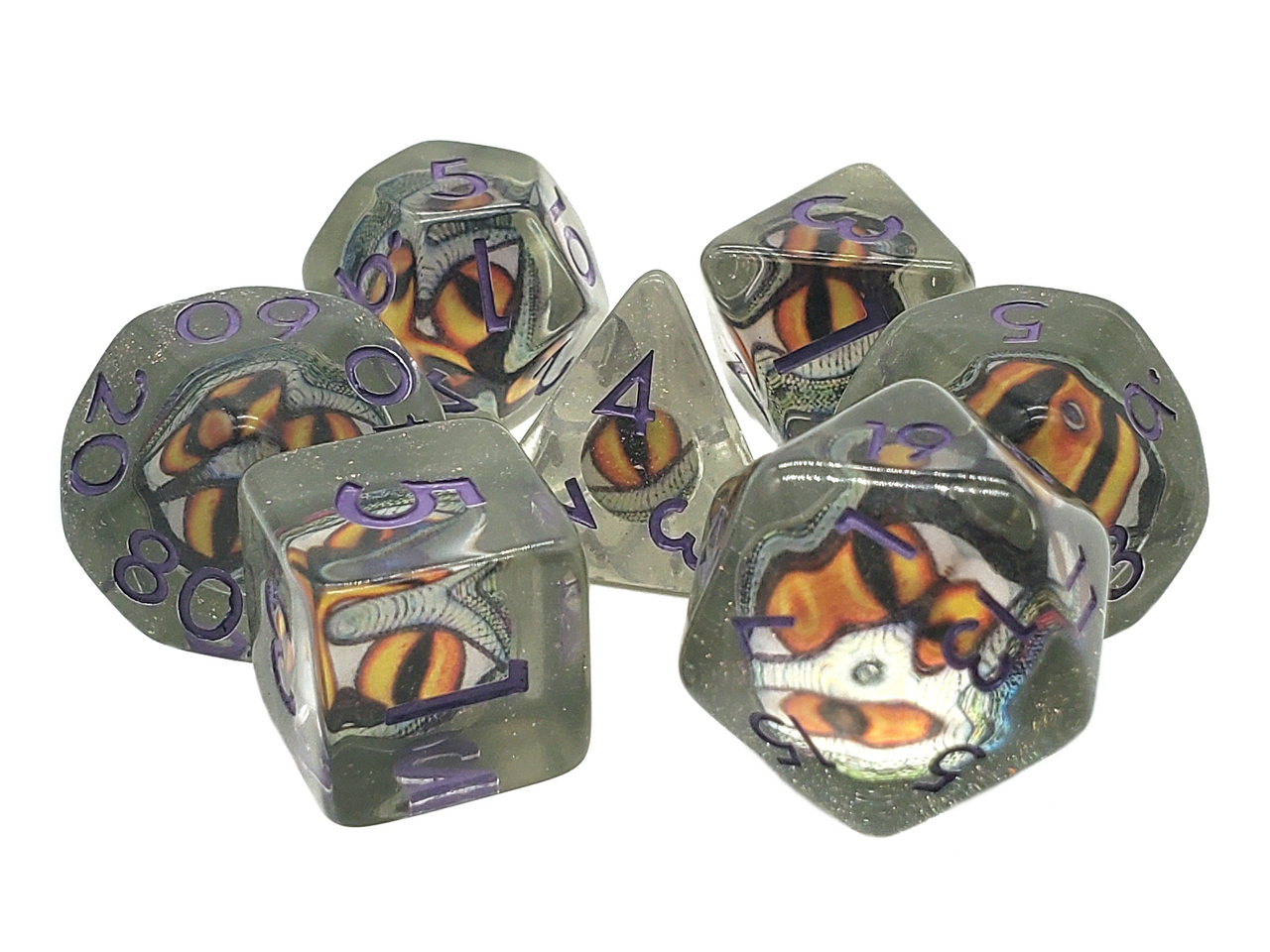 Old School 7 Piece DnD RPG Dice Set Dragon Eye Green w/ Purple - State of Comics