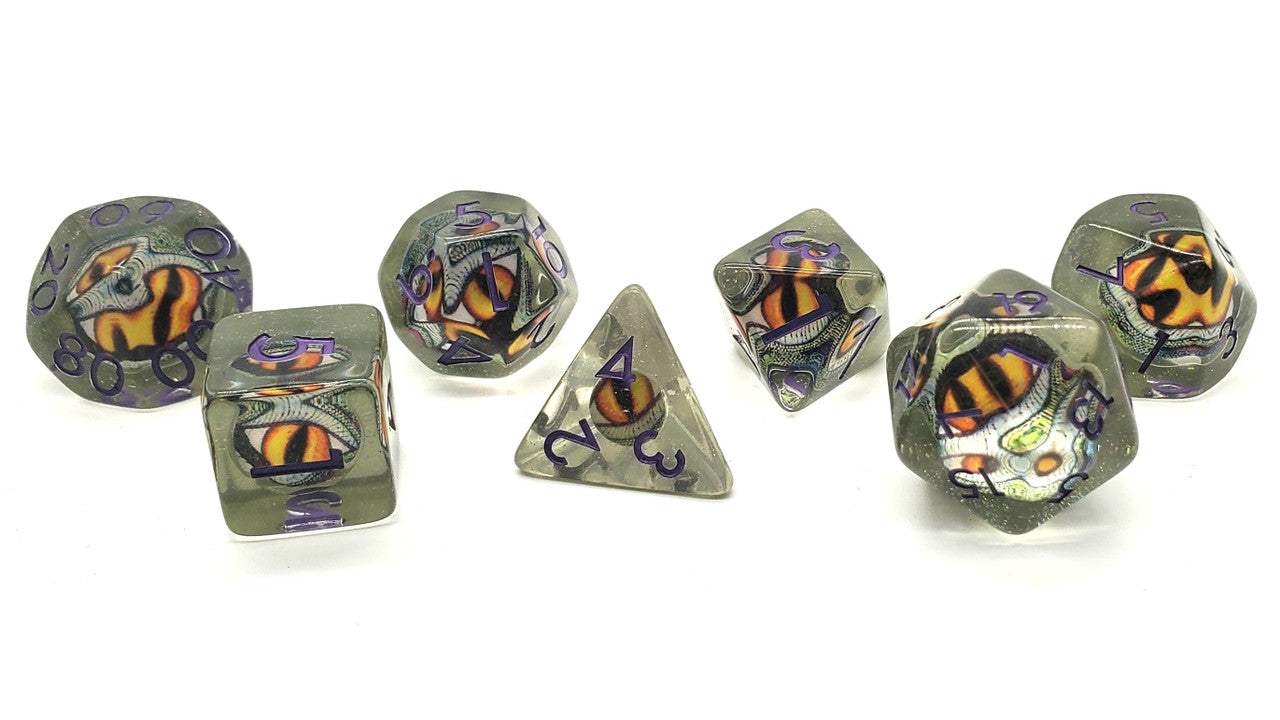 Old School 7 Piece DnD RPG Dice Set Dragon Eye Green w/ Purple - State of Comics