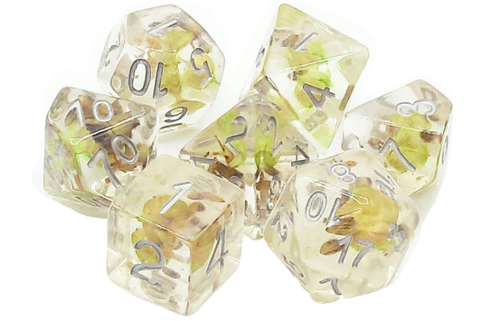 Old School 7 Piece DnD RPG Dice Set Infused Green Flower - State of Comics