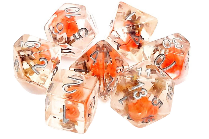 Old School 7 Piece DnD RPG Dice Set Infused Orange Flower - State of Comics