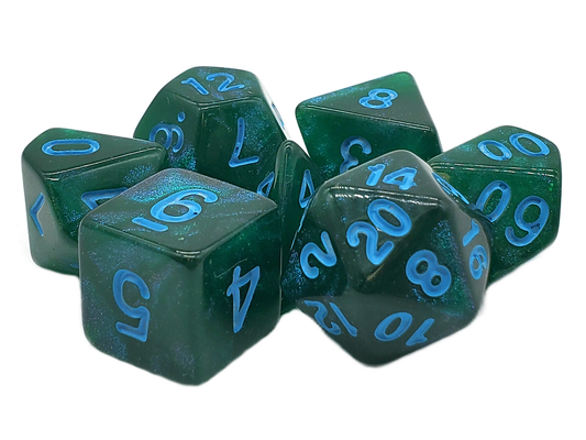 Old School 7 Piece DnD RPG Dice Set Galaxy Forest Green Shimmer