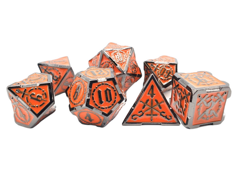 Old School 7 Piece DnD RPG Metal Dice Set Knights of the Round Table Orange Sapphire w/ Black - State of Comics