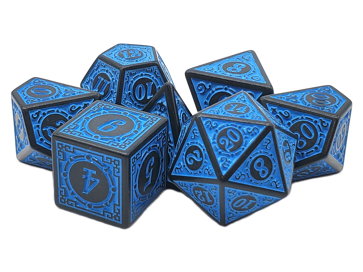 Old School 7 Piece DnD RPG Dice Set Rune Dice Magical Runes Blue