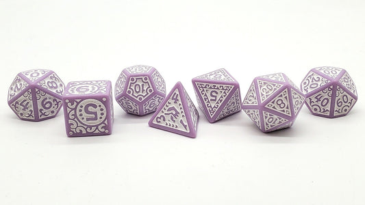 Old School 7 Piece DnD RPG Dice Set Rune Dice Magical Runes White w/ Lavender