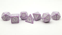 Old School 7 Piece DnD RPG Dice Set Rune Dice Magical Runes White w/ Lavender