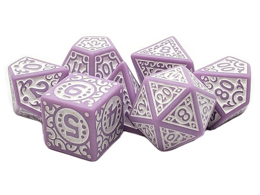 Old School 7 Piece DnD RPG Dice Set Rune Dice Magical Runes White w/ Lavender