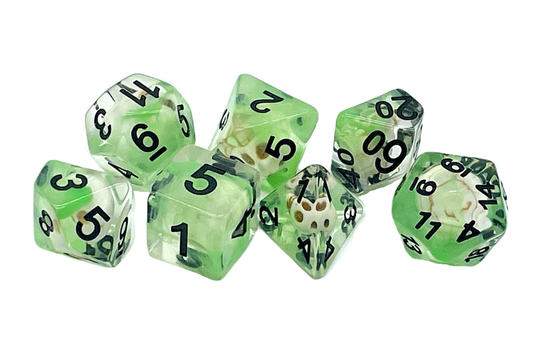 Old School 7 Piece DnD RPG Dice Set Infused Skull w/ Green - State of Comics