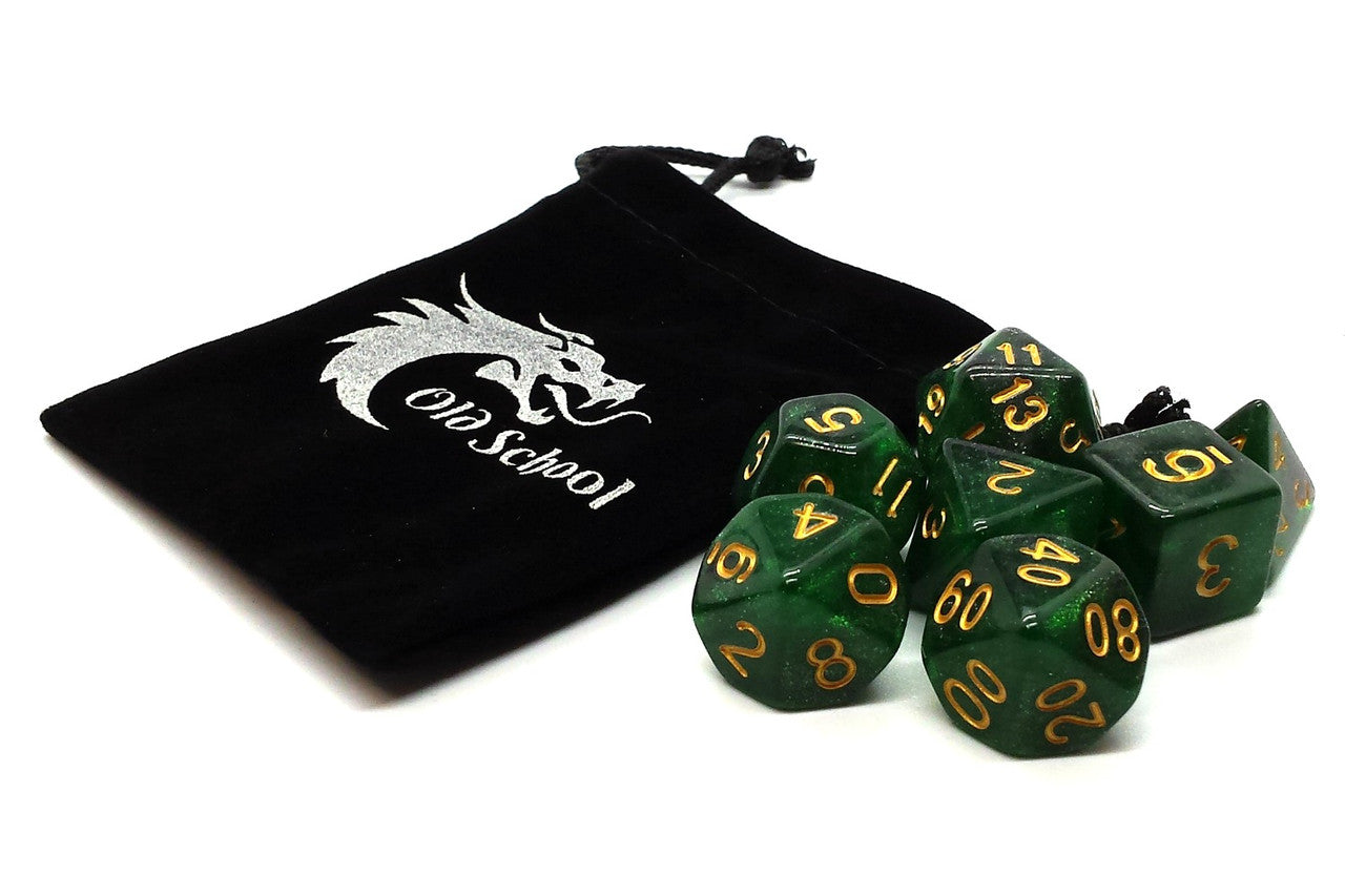 Old School 7 Piece DnD RPG Dice Set Galaxy Green & Black - State of Comics