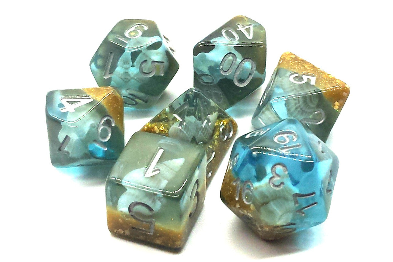 Old School 7 Piece DnD RPG Dice Set Infused Beach Party Sunken Treasure - State of Comics