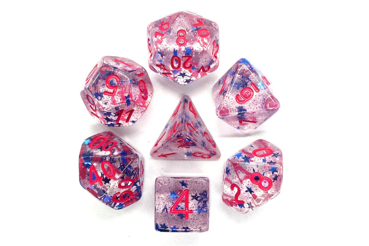 Old School 7 Piece DnD RPG Dice Set Infused Blue Stars with Red - State of Comics