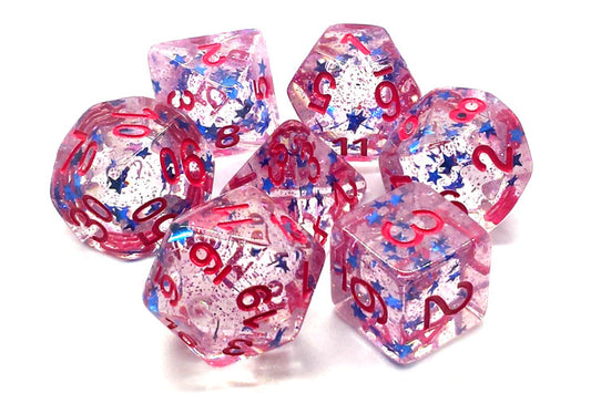 Old School 7 Piece DnD RPG Dice Set Infused Blue Stars with Red - State of Comics