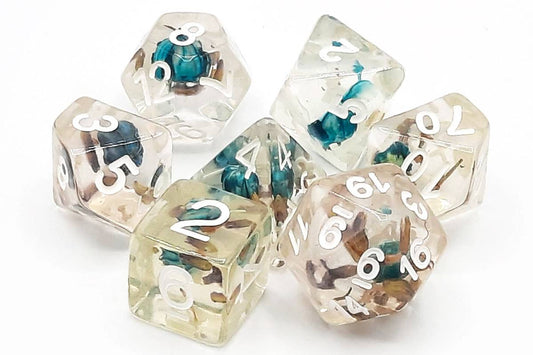 Old School 7 Piece DnD RPG Dice Set Infused Blue Flower - State of Comics