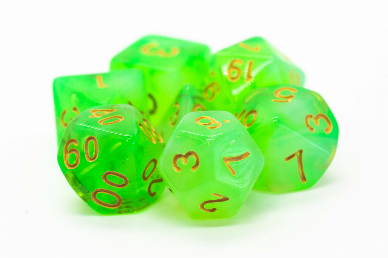 Old School 7 Piece DnD RPG Dice Set Nebula Lightning Green - State of Comics