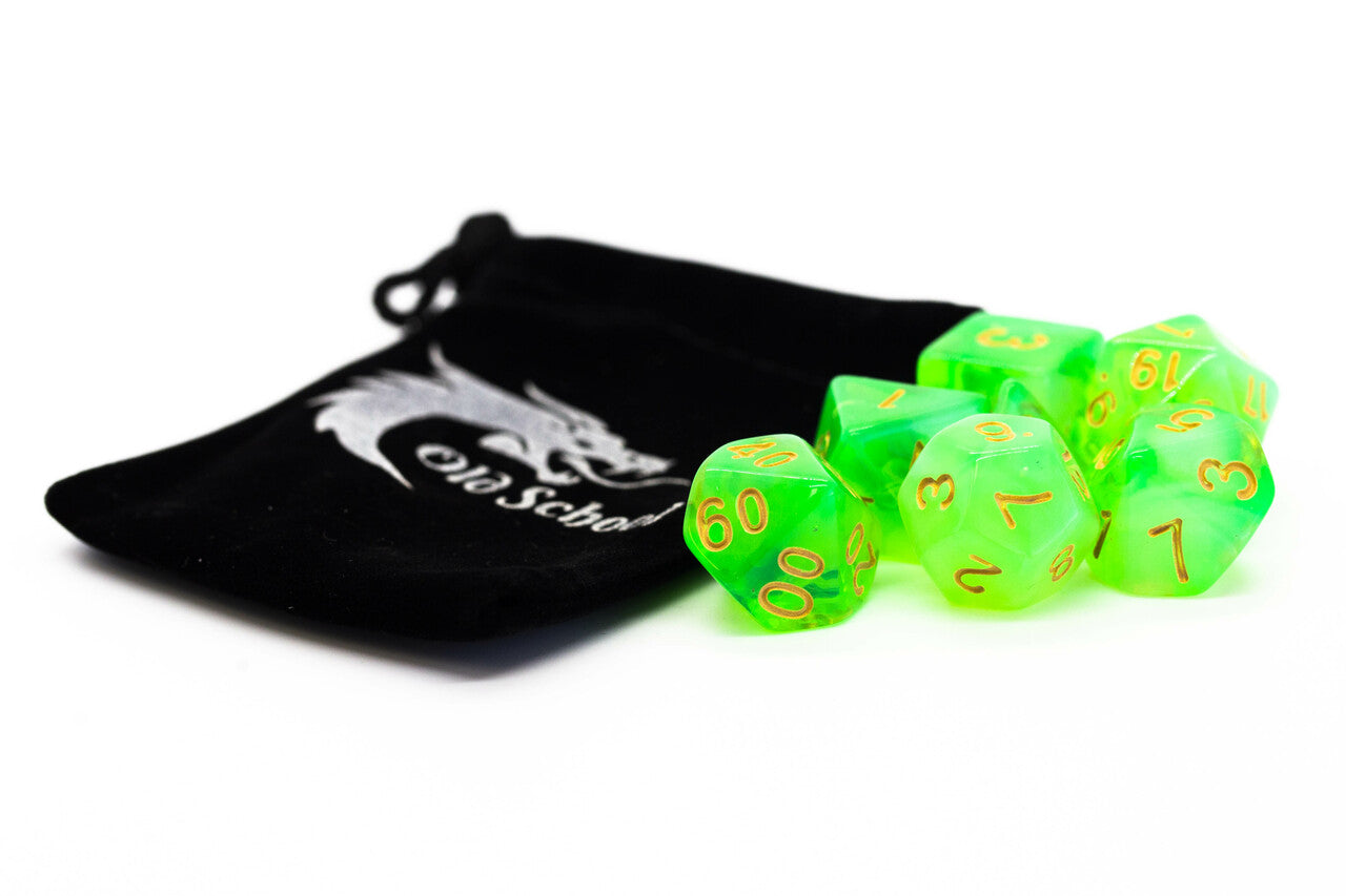 Old School 7 Piece DnD RPG Dice Set Nebula Lightning Green - State of Comics