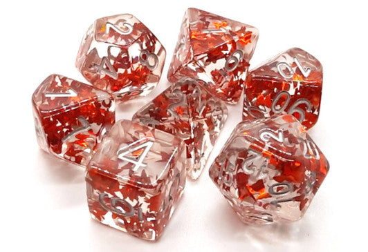Old School 7 Piece DnD RPG Dice Set Infused Orange Butterfly with Silver - State of Comics