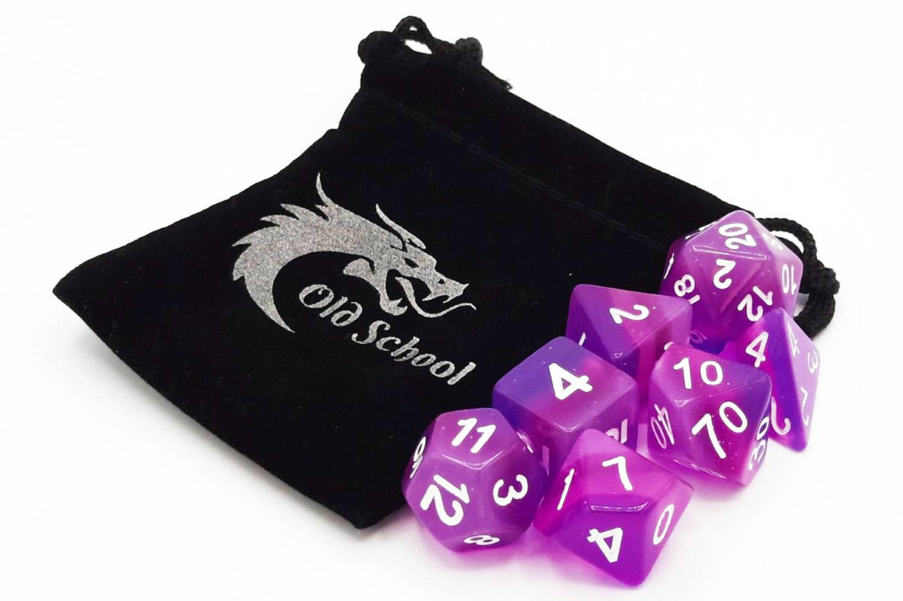 Old School 7 Piece DnD RPG Dice Set Gradients Translucent Purple Aurora - State of Comics