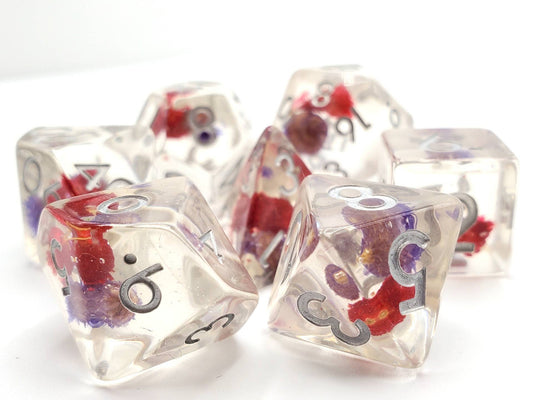 Old School 7 Piece DnD RPG Dice Set Infused Iridescent Red Flower - State of Comics