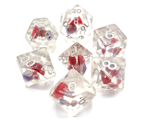 Old School 7 Piece DnD RPG Dice Set Infused Iridescent Red Flower - State of Comics