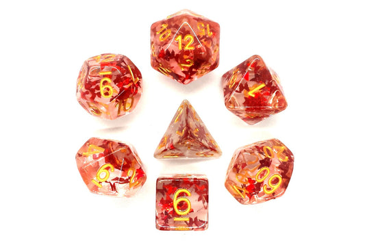 Old School 7 Piece DnD RPG Dice Set Infused Red Butterfly with Gold - State of Comics