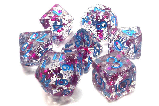 Old School 7 Piece DnD RPG Dice Set Infused Red Stars with Blue - State of Comics
