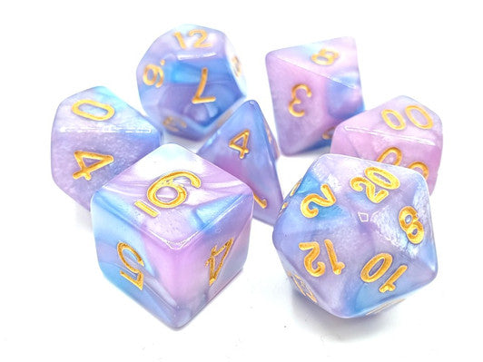 Old School 7 Piece DnD RPG Dice Set Vorpal Lilac & Light Blue with Gold - State of Comics
